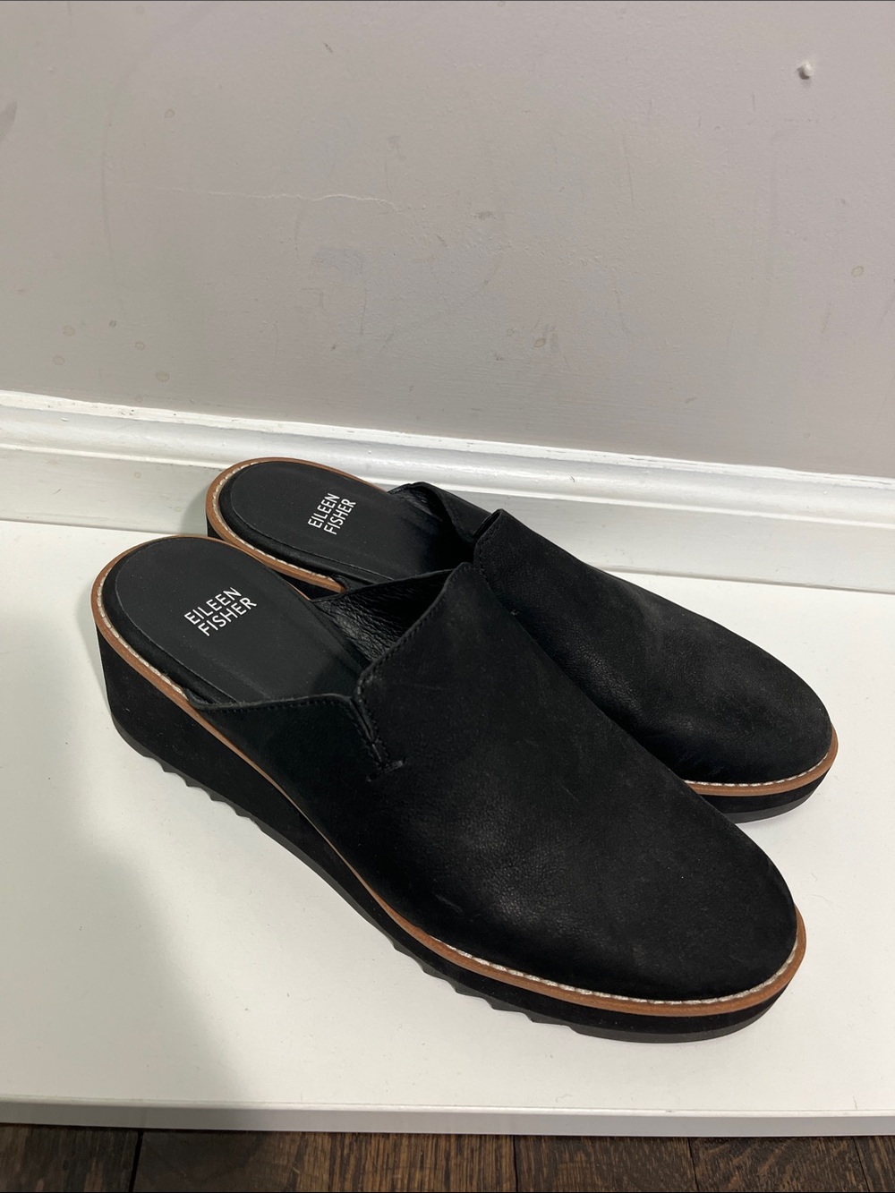 Eileen Fisher Loti tumbled Nubuck Black Suede Slip-On Wedge Mules